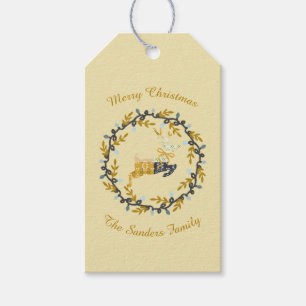 Merry Christmas Deer with Wreath Yellow Customize Gift Tags