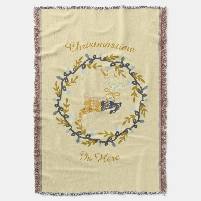 Merry Christmas Deer & Wreath Yellow Throw Blanket