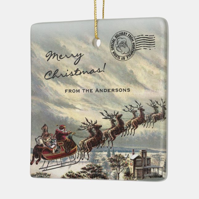 Merry Christmas Delivery by Santa Sleigh Ceramic Ornament (Left)