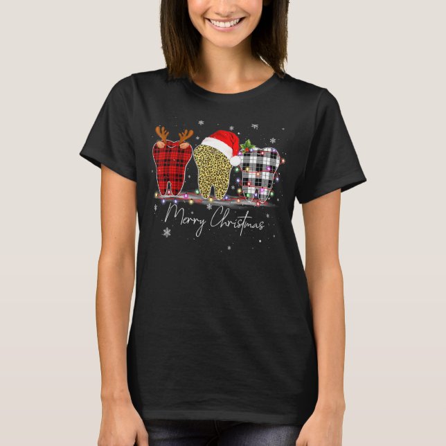 Merry Christmas Dentist Teeth Santa Hat Xmas Leopa T-Shirt (Front)