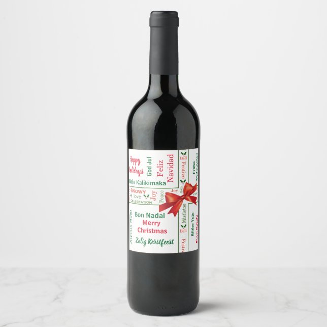Merry Christmas different languages personalised Wine Label (Front)