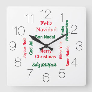 Merry Christmas different languages Square Wall Clock