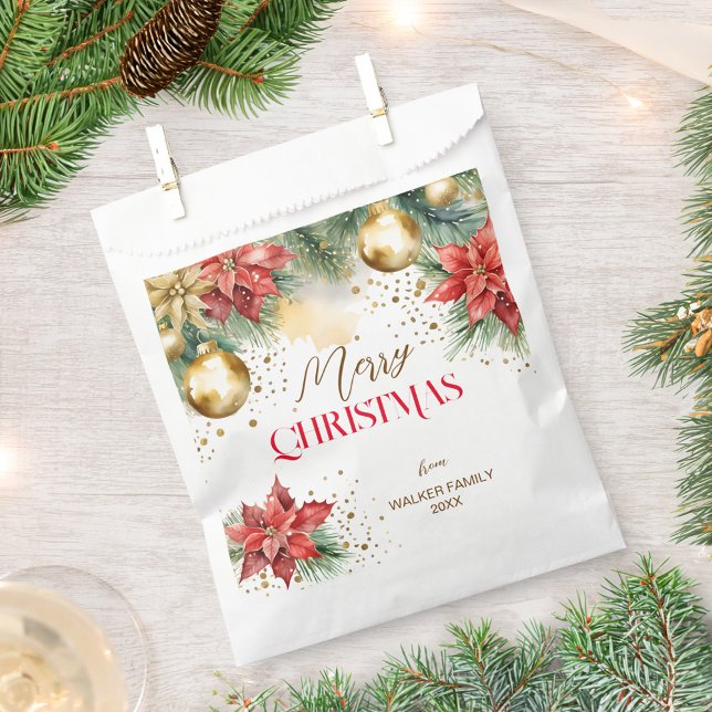 Merry Christmas dinner party Favour Bag (Merry Christmas dinner party Favor Bag watercolor pines red poinsettia gold baubles)