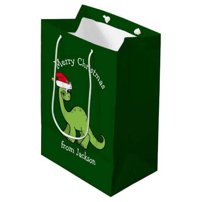 Merry Christmas Dinosaur in Santa Hat Custom Kids Medium Gift Bag (Front Angled)