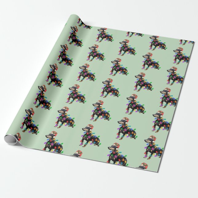 Merry Christmas Doberman Dog in Santa's Hat  Wrapping Paper (Unrolled)