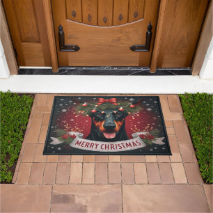 Merry Christmas Doberman Dog Twinkling Xmas Lights Doormat