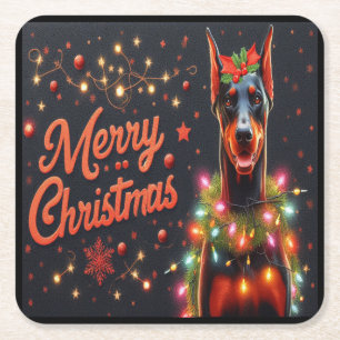Merry Christmas Doberman Dog Twinkling Xmas Lights Square Paper Coaster