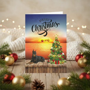 Merry Christmas Doberman Sunset Bay Dock Holiday Card