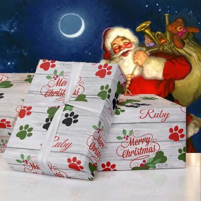 Merry Christmas Dog add Name Bone & Pawprints Wrap Wrapping Paper (Creator Uploaded)