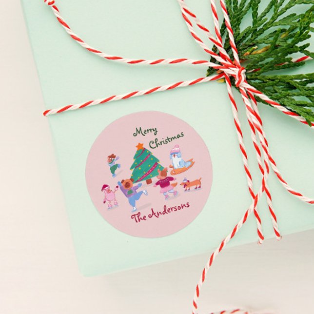 Merry Christmas Dog Ice Skating Name Blush Pink  Classic Round Sticker (Creator Uploaded)