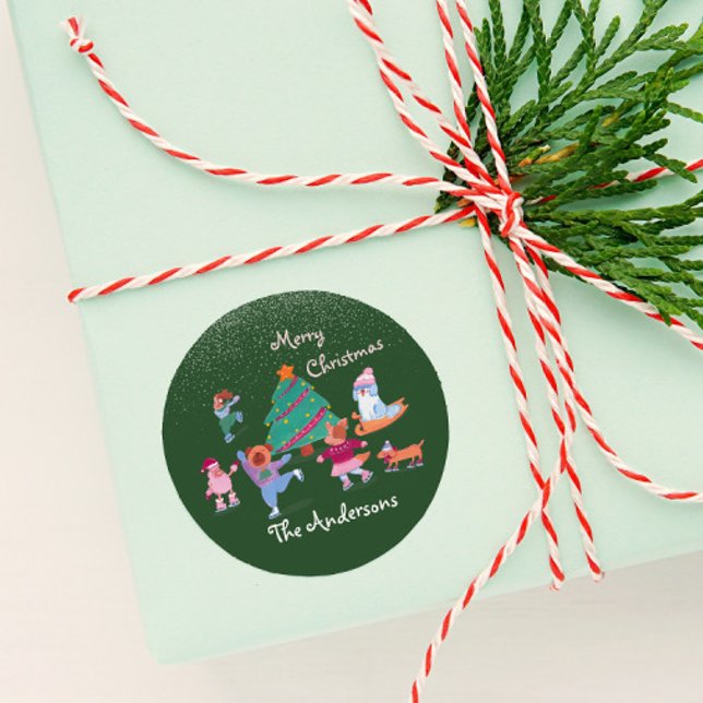 Merry Christmas Dog Ice Skating Name Green Classic Round Sticker (Creator Uploaded)