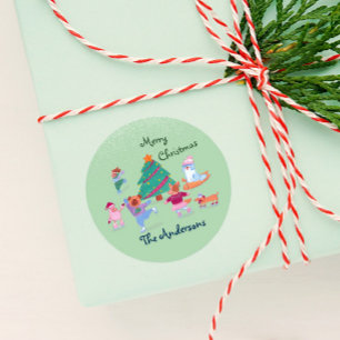 Merry Christmas Dog Ice Skating Name Moss Green Classic Round Sticker