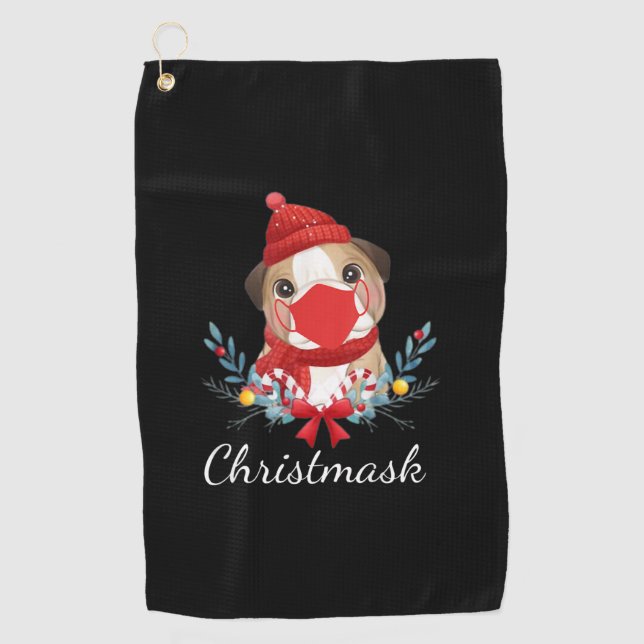 Merry Christmas Dog Lover Bulldog Wearing Mask Golf Towel (Front)