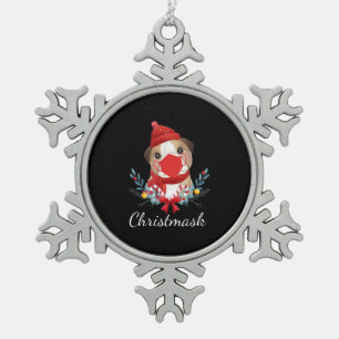 Merry Christmas Dog Lover Bulldog Wearing Mask Snowflake Pewter Christmas Ornament