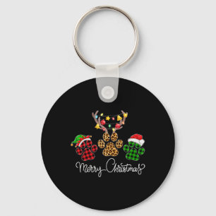 Merry Christmas Dog Paws Lights Buffalo Plaid And Key Ring