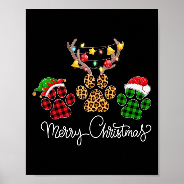 Merry Christmas Dog Paws Lights Buffalo Plaid And  Poster (Front)