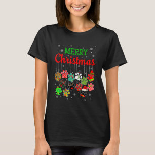 Merry Christmas Dog Paws Print Plaid Ugly Xmas Dog T-Shirt