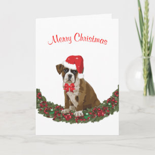 Merry Christmas Dog Puppy Plaid Santa Hat Holiday Card