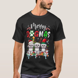 Merry Christmas Dog Three Santa Reindeer Maltese L T-Shirt