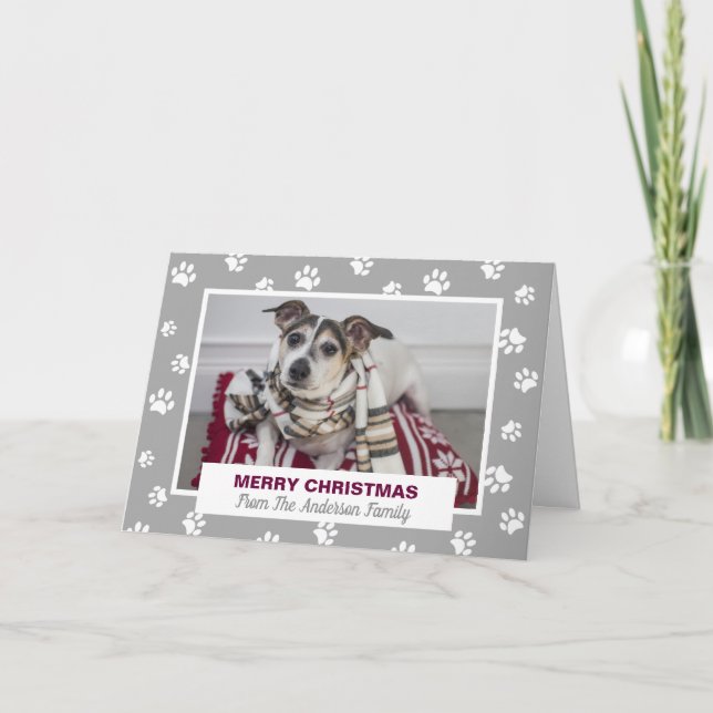 Merry Christmas Dog White Paw Prints Pet Photo Holiday Card (Front)