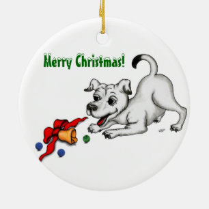 Merry Christmas - Dog with Bell and Ball Ceramic Tree Decoration