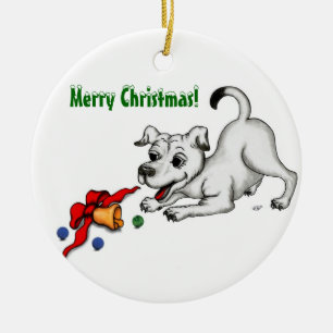 Merry Christmas - Dog with Bell and Ball Ceramic Tree Decoration