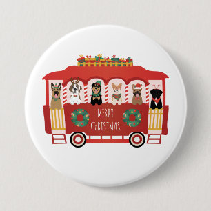 Merry Christmas Dogs Holiday Trolly 7.5 Cm Round Badge