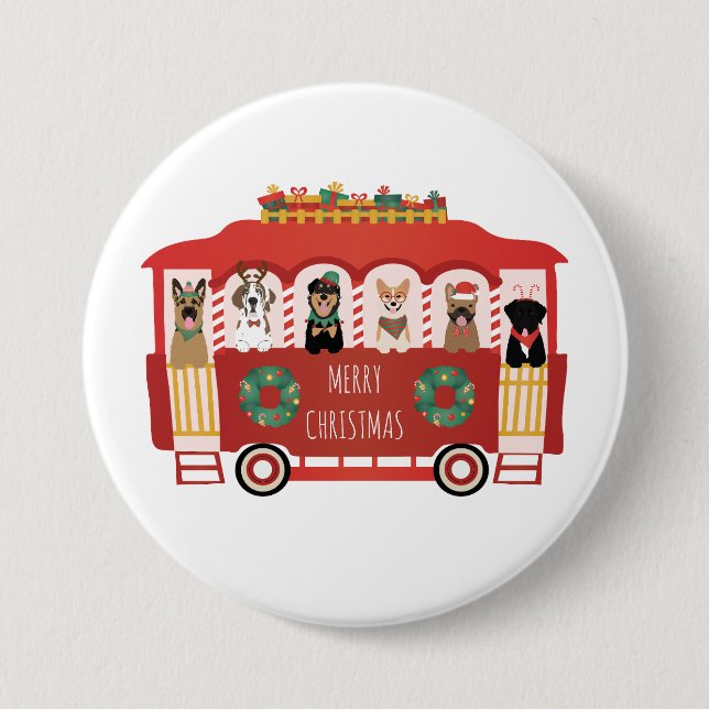 Merry Christmas Dogs Holiday Trolly 7.5 Cm Round Badge (Front)