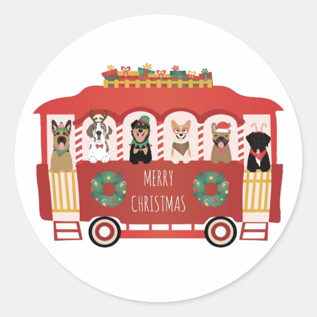 Merry Christmas Dogs Holiday Trolly Classic Round Sticker (Front)