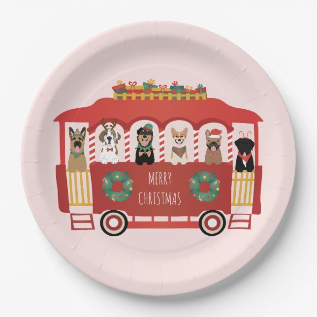 Merry Christmas Dogs Holiday Trolly Paper Plate (Front)