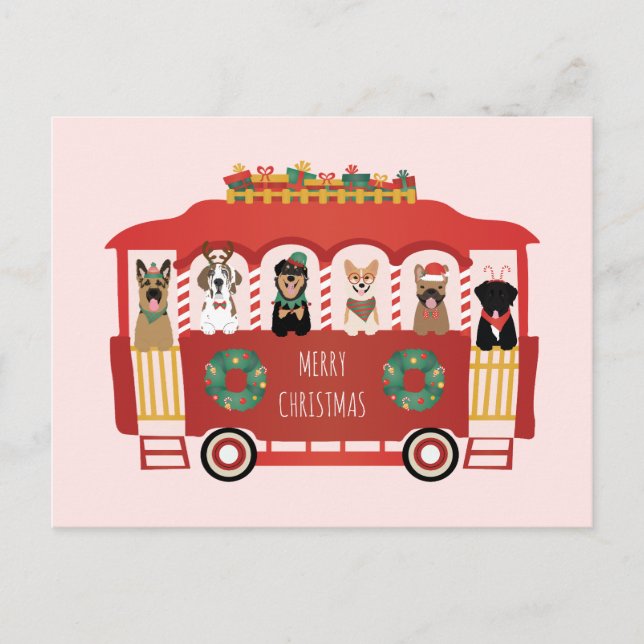 Merry Christmas Dogs Holiday Trolly Postcard (Front)