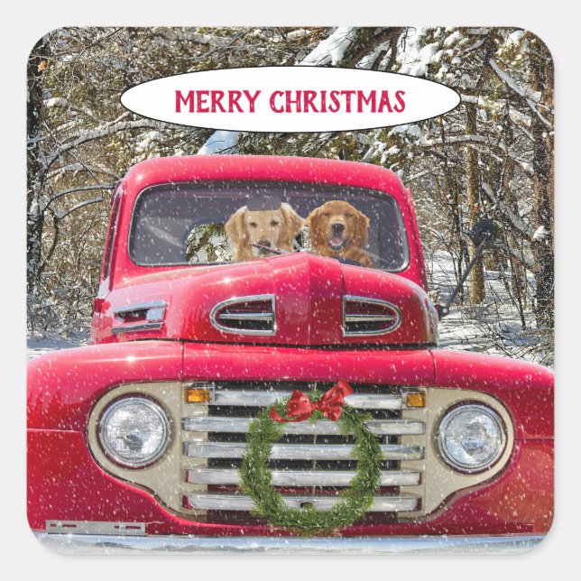 Merry Christmas dogs in retro red truck Square Sticker (Front)