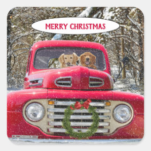 Merry Christmas dogs in retro red truck Square Sticker