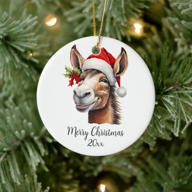 Merry Christmas Donkey in Santa Hat Holly Custom Ceramic Ornament (Tree)