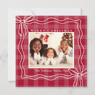 merry christmas doodle bow photo white red plaid  holiday card