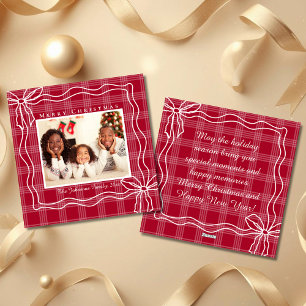merry christmas doodle bow photo white red plaid holiday card