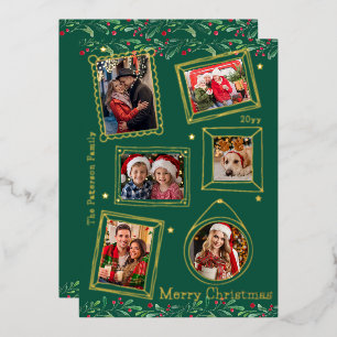 Merry Christmas Doodle Frame Multi Photo Floral Foil Holiday Card