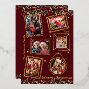 Merry Christmas Doodle Frame Multi Photo Floral Foil Holiday Card