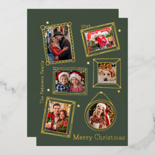 Merry Christmas Doodle Frame Multi Photo Foil Holiday Card