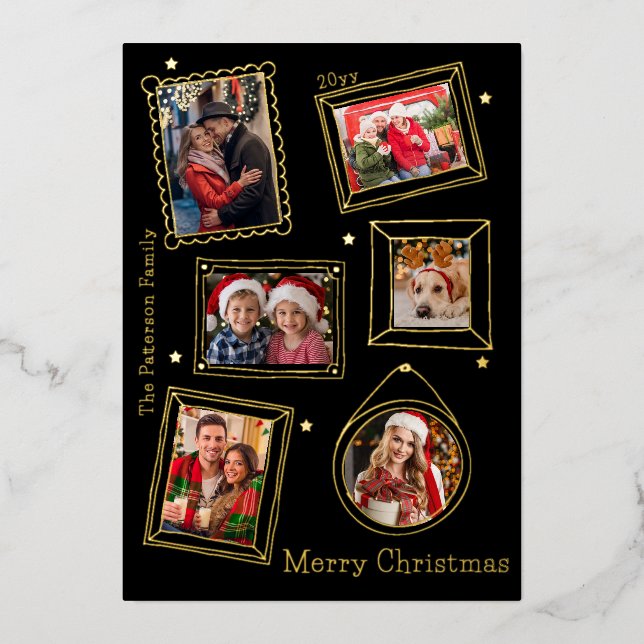 Merry Christmas Doodle Frame Multi Photo Foil Holiday Card (Front)