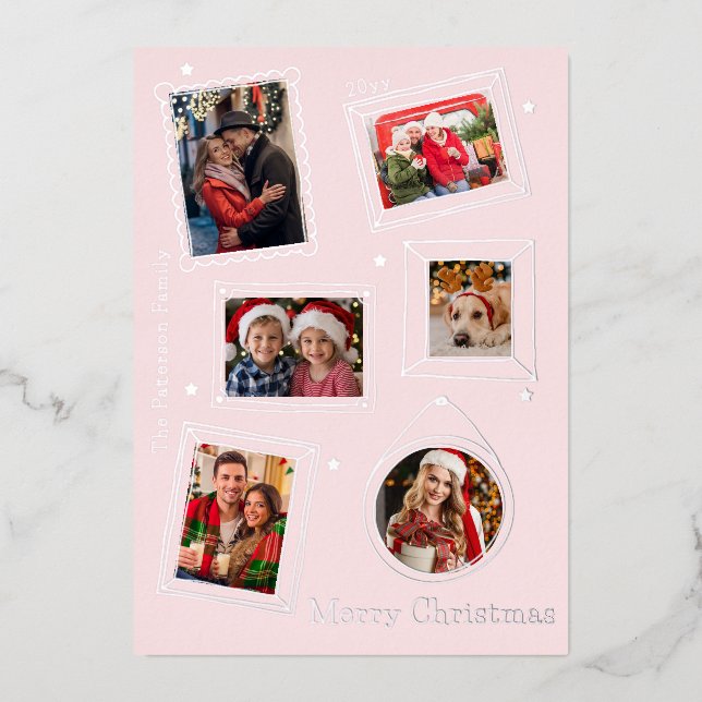 Merry Christmas Doodle Frame Multi Photo Foil Holiday Card (Front)