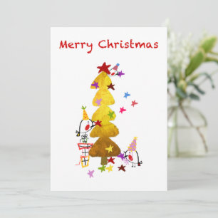 Merry Christmas Doodle Robins Gold Christmas Tree Thank You Card