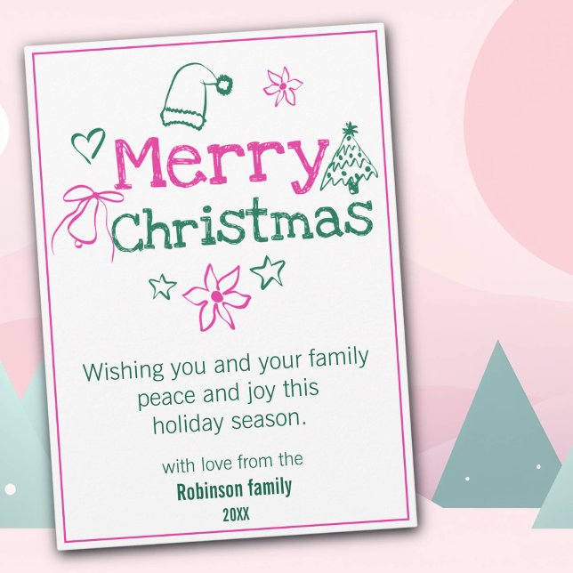 Merry Christmas Doodles Pink & Green Holiday Card (Creator Uploaded)