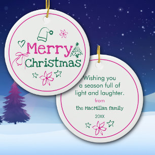 Merry Christmas Doodles Pink & Green Personalised Ceramic Ornament