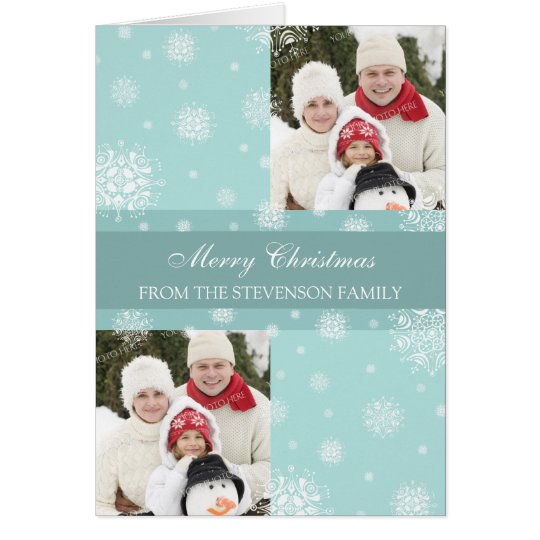 Merry Christmas Double Photo Card Blue Snow