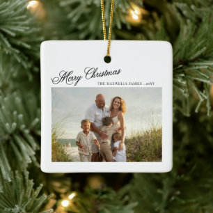 Merry Christmas Double Sided Script Family Photo Ceramic Ornament