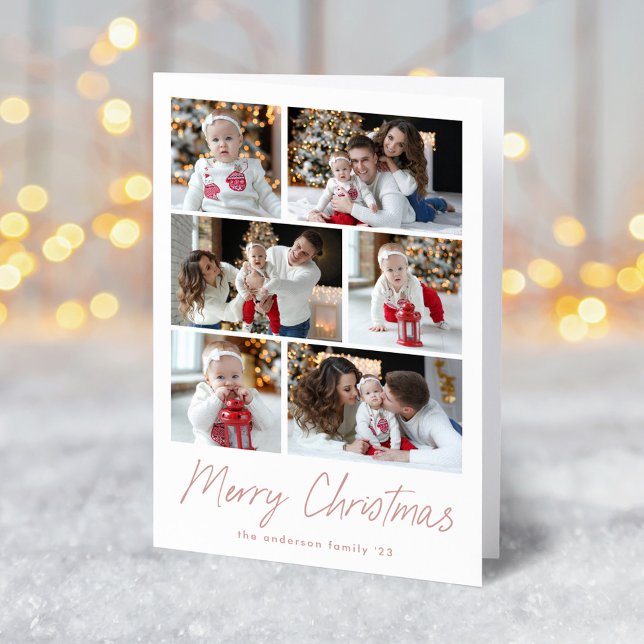 Merry Christmas Dusty Rose Script 6 Photo Collage Holiday Card (Creator Uploaded)