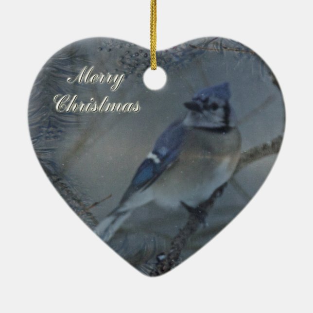 Merry Christmas - Eastern Blue Jay Ceramic Tree Decoration (Back)