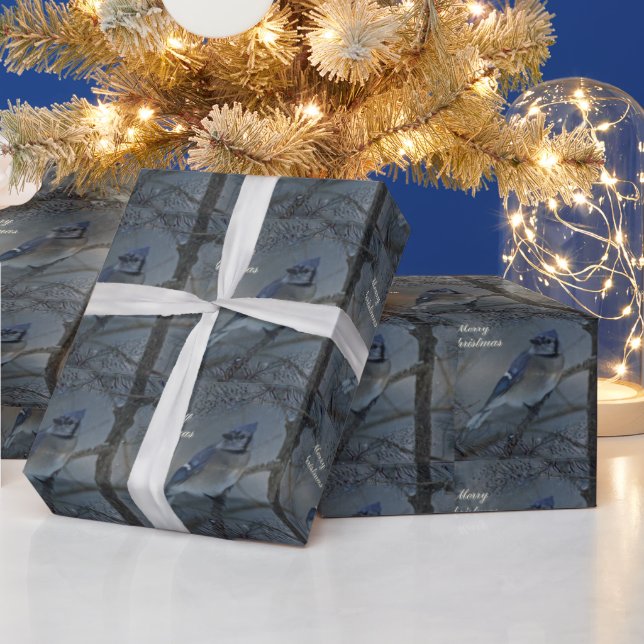 Merry Christmas - Eastern Blue Jay Wrapping Paper (Holidays)
