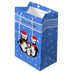 Merry Christmas editable text penguin family blue Medium Gift Bag